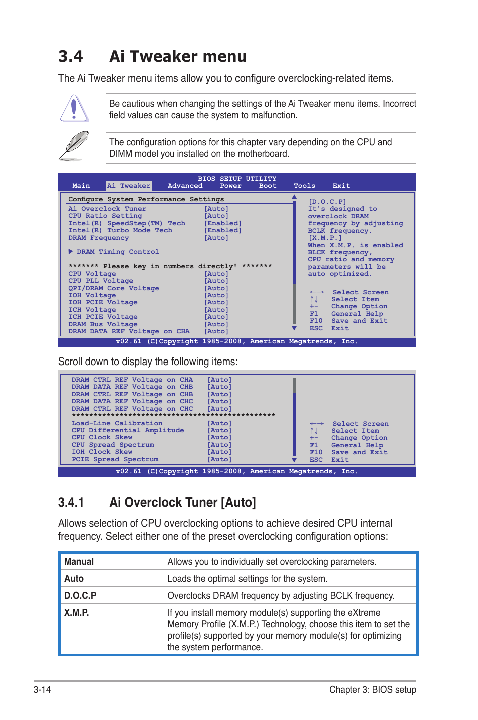 4 ai tweaker menu, 1 ai overclock tuner [auto, Ai tweaker menu -14 3.4.1 | Ai overclock tuner -14, Scroll down to display the following items, 14 chapter 3: bios setup | Asus P6T7 WS SuperComputer User Manual | Page 80 / 184