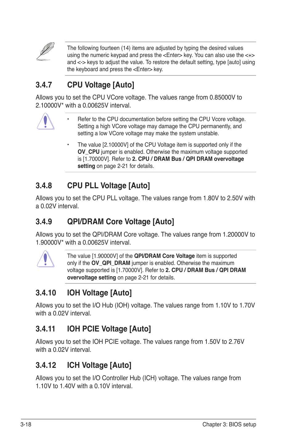 7 cpu voltage [auto, 8 cpu pll voltage [auto, 9 qpi/dram core voltage [auto | 10 ioh voltage [auto, 11 ioh pcie voltage [auto, 12 ich voltage [auto, Cpu voltage -18, Cpu pll voltage -18, Qpi/dram core voltage -18 | Asus P6T7 WS SuperComputer User Manual | Page 84 / 184