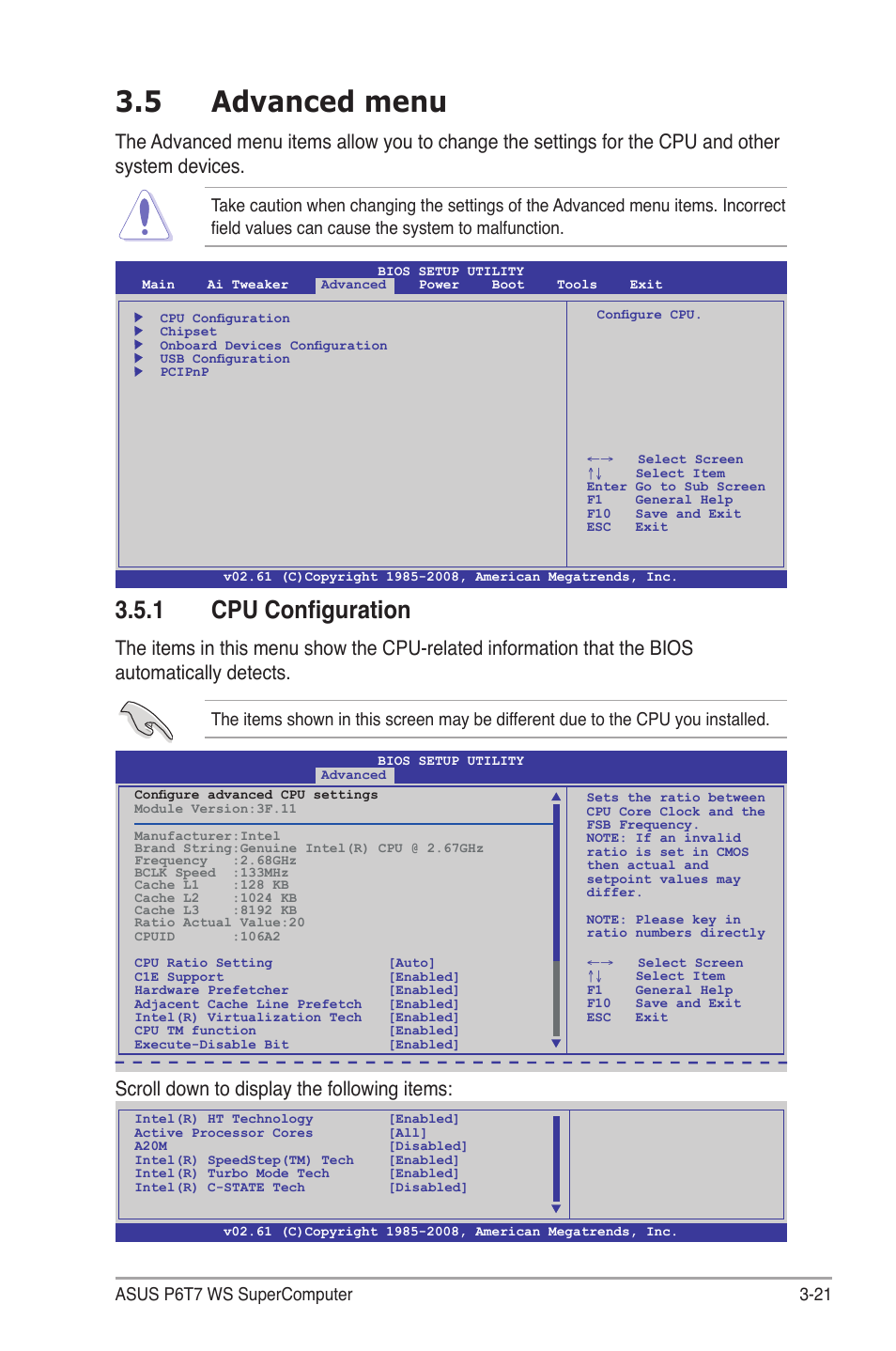 5 advanced menu, 1 cpu configuration, Advanced menu -21 3.5.1 | Cpu configuration -21, Scroll down to display the following items | Asus P6T7 WS SuperComputer User Manual | Page 87 / 184