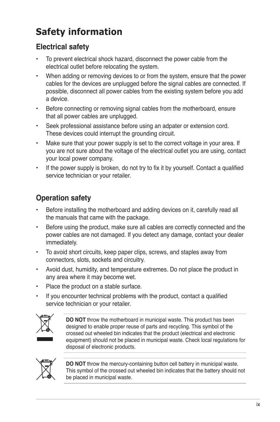 Safety information, Electrical safety, Operation safety | Asus P6T7 WS SuperComputer User Manual | Page 9 / 184