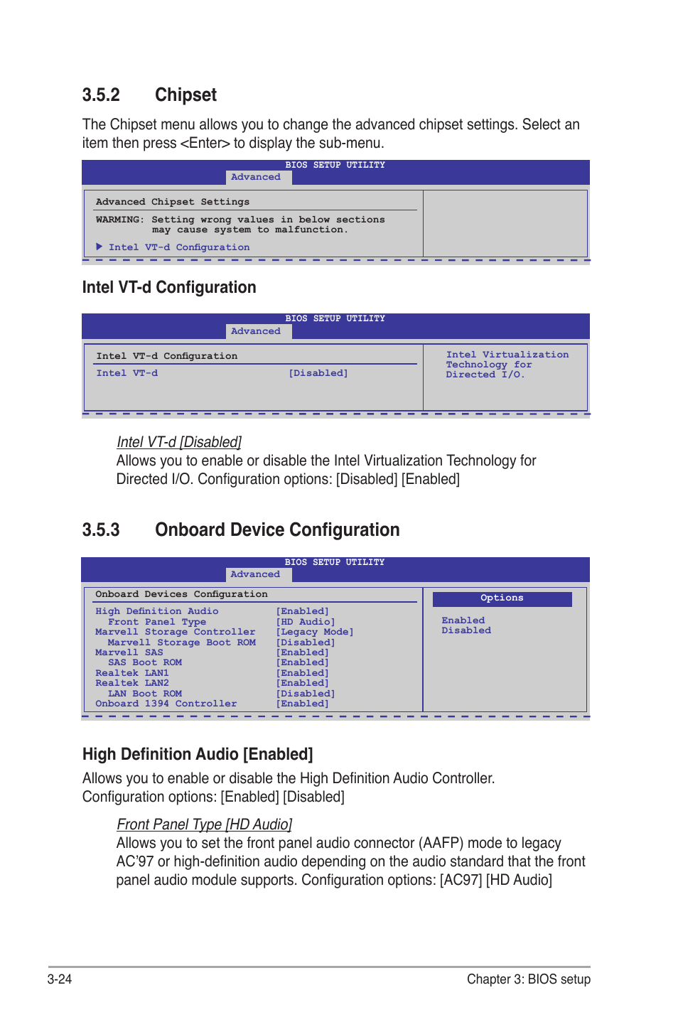 2 chipset, 3 onboard device configuration, Chipset -24 | Onboard device configuration -24, Intel vt-d configuration, High definition audio [enabled | Asus P6T7 WS SuperComputer User Manual | Page 90 / 184