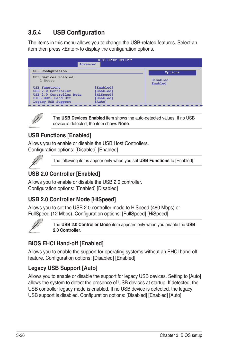 4 usb configuration, Usb configuration -26, Usb functions [enabled | Usb 2.0 controller [enabled, Usb 2.0 controller mode [hispeed, Bios ehci hand-off [enabled, Legacy usb support [auto | Asus P6T7 WS SuperComputer User Manual | Page 92 / 184