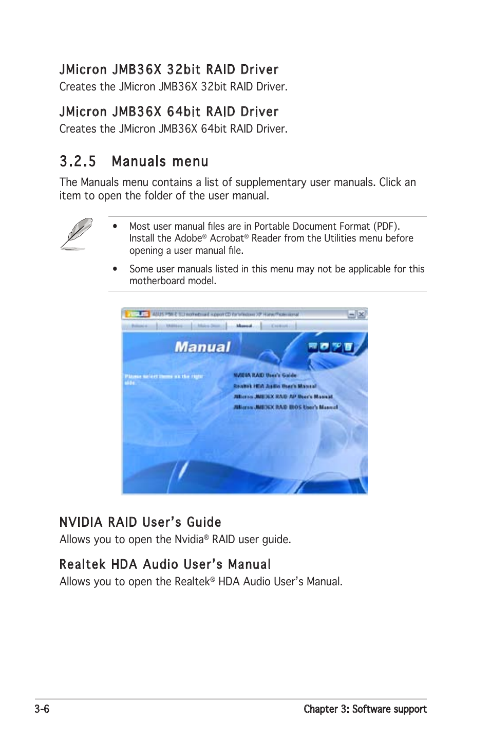 5 manuals menu, Nvidia raid user’s guide, Realtek hda audio user’s manual | Jmicron jmb36x 32bit raid driver, Jmicron jmb36x 64bit raid driver | Asus P5N-E SLI User Manual | Page 108 / 122