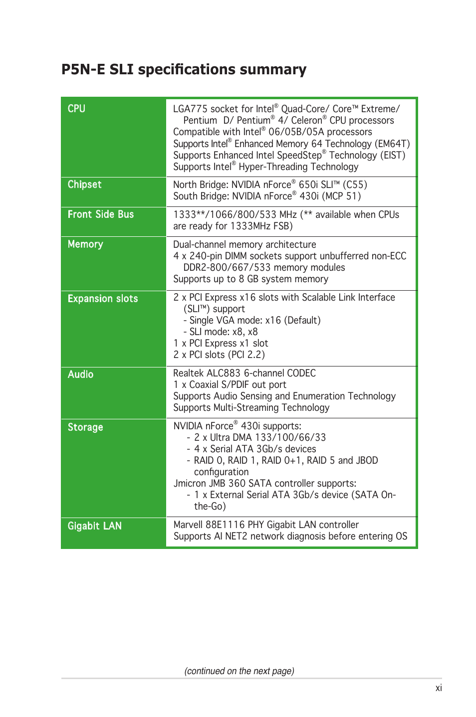 P5n-e sli specifications summary | Asus P5N-E SLI User Manual | Page 11 / 122