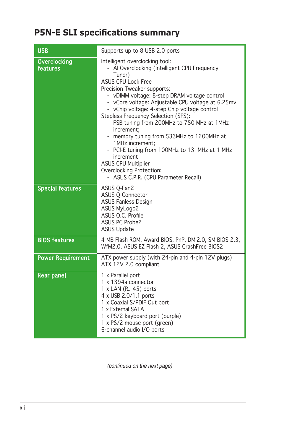 P5n-e sli specifications summary | Asus P5N-E SLI User Manual | Page 12 / 122