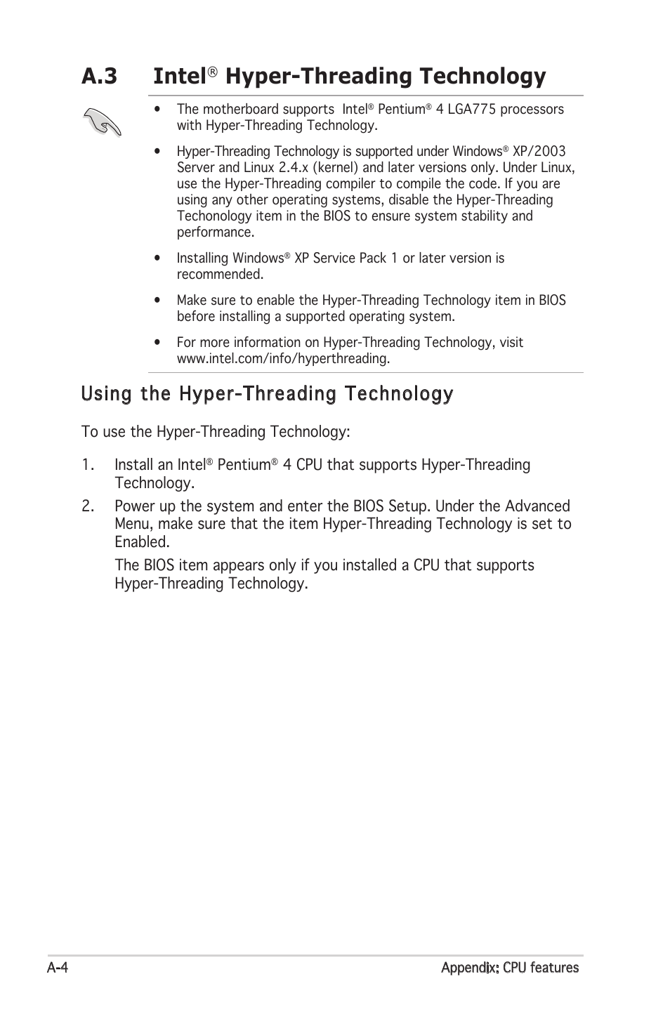 A.3 intel, Hyper-threading technology, Using the hyper-threading technology | Asus P5N-E SLI User Manual | Page 122 / 122