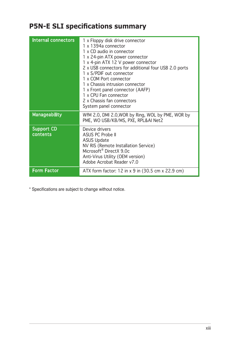 P5n-e sli specifications summary | Asus P5N-E SLI User Manual | Page 13 / 122