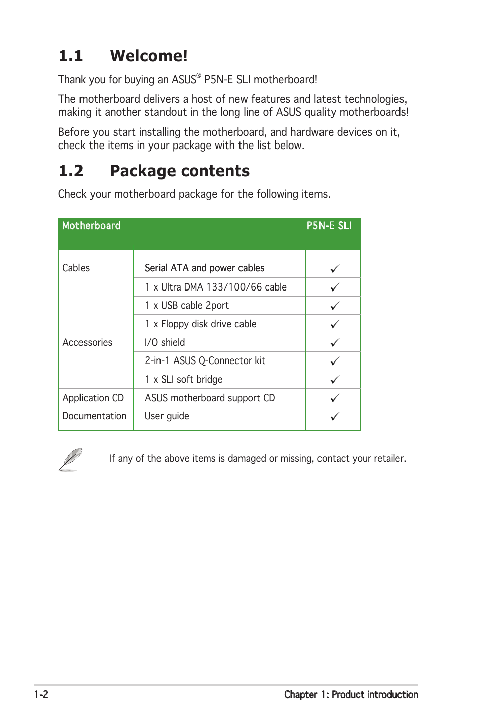 1 welcome, 2 package contents | Asus P5N-E SLI User Manual | Page 16 / 122