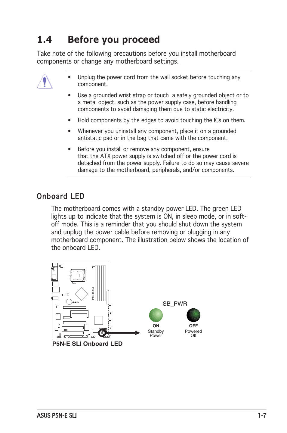 4 before you proceed, Onboard led | Asus P5N-E SLI User Manual | Page 21 / 122