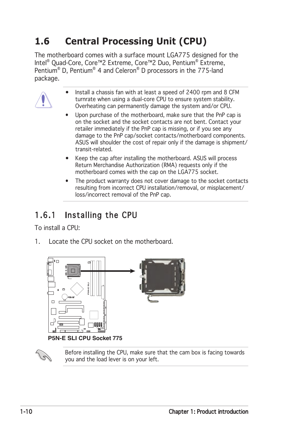 6 central processing unit (cpu), 1 installing the cpu | Asus P5N-E SLI User Manual | Page 24 / 122