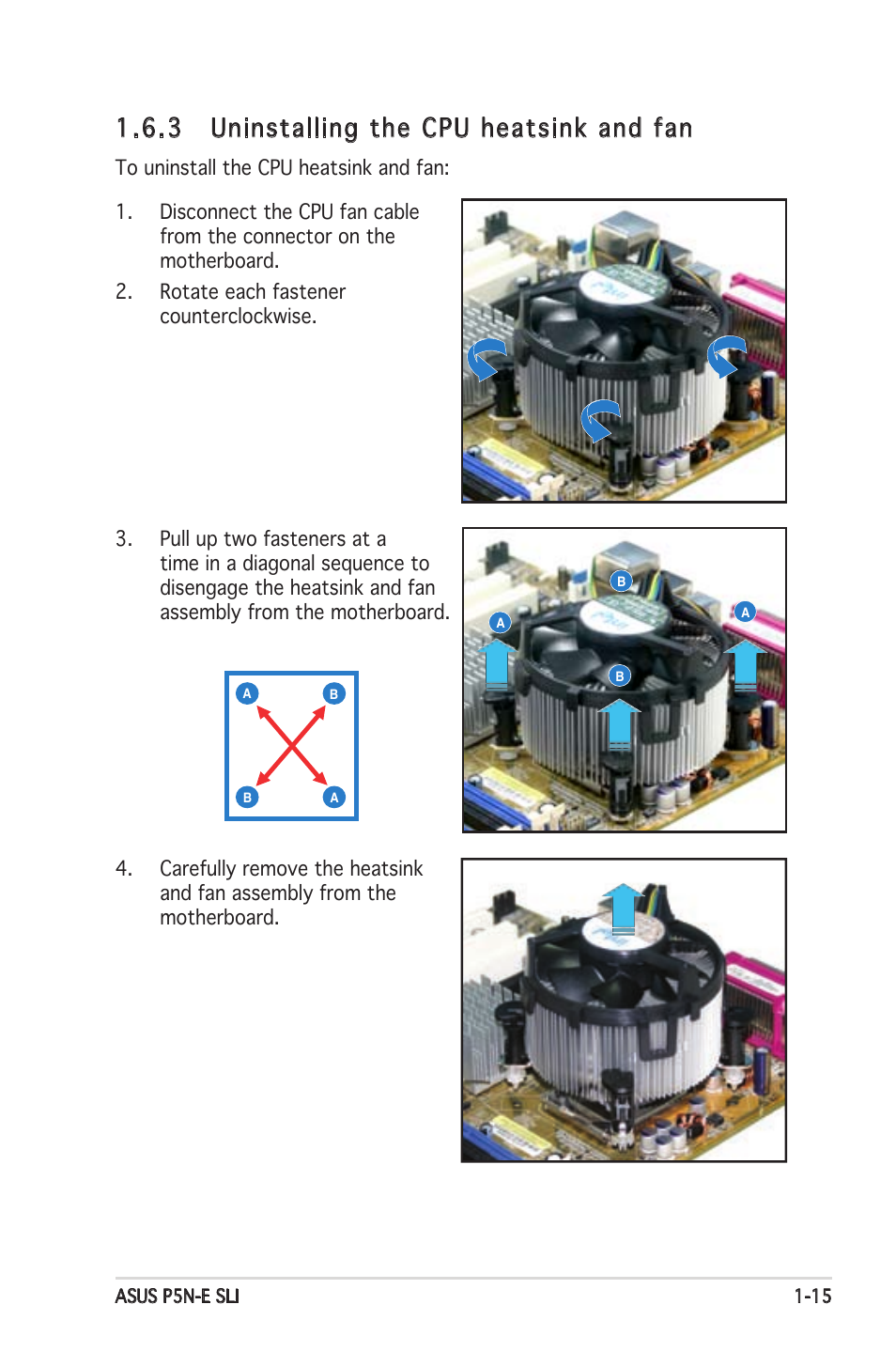 3 uninstalling the cpu heatsink and fan | Asus P5N-E SLI User Manual | Page 29 / 122