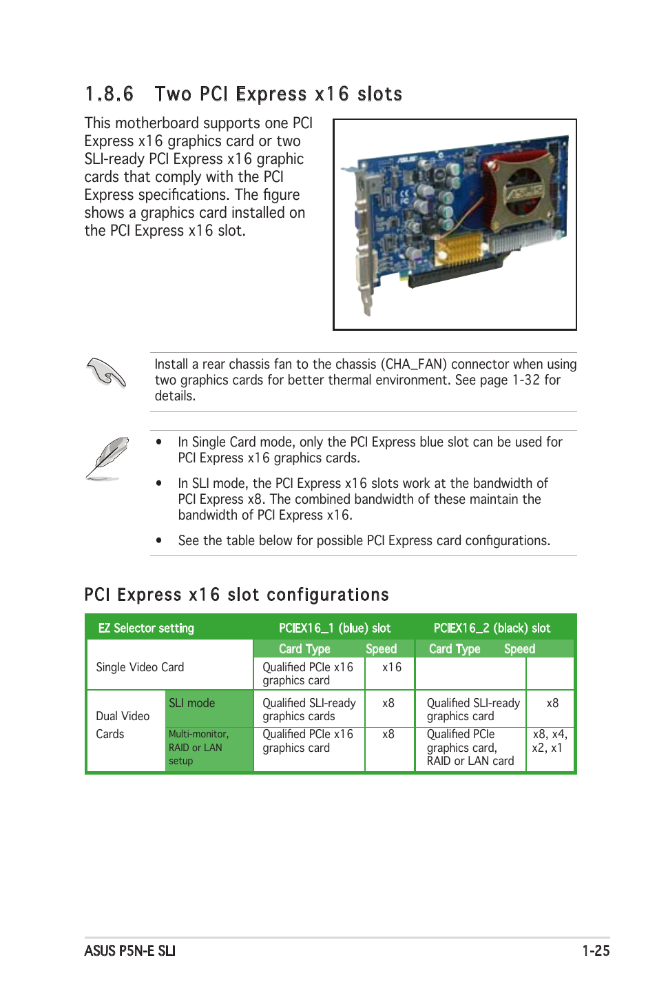 6 two pci express x16 slots, Pci express x16 slot configurations | Asus P5N-E SLI User Manual | Page 39 / 122