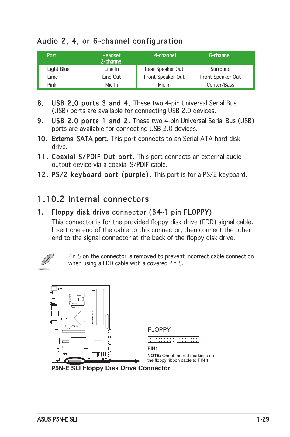 2 internal connectors, Audio 2, 4, or 6-channel configuration | Asus P5N-E SLI User Manual | Page 43 / 122