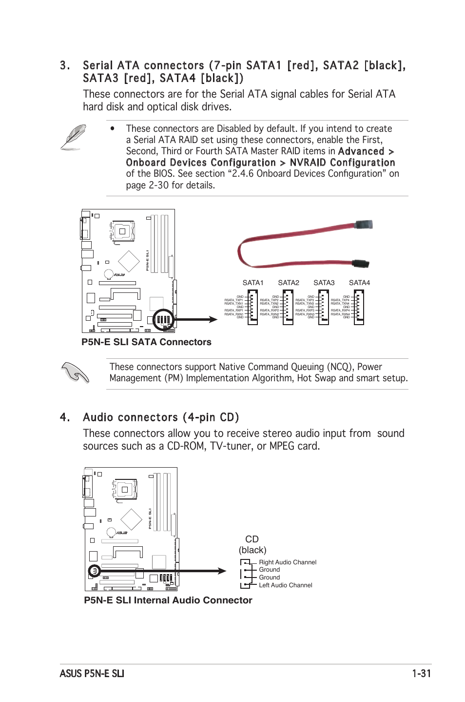 Asus p5n-e sli 1-31, P5n-e sli sata connectors, P5n-e sli internal audio connector cd (black) | Asus P5N-E SLI User Manual | Page 45 / 122