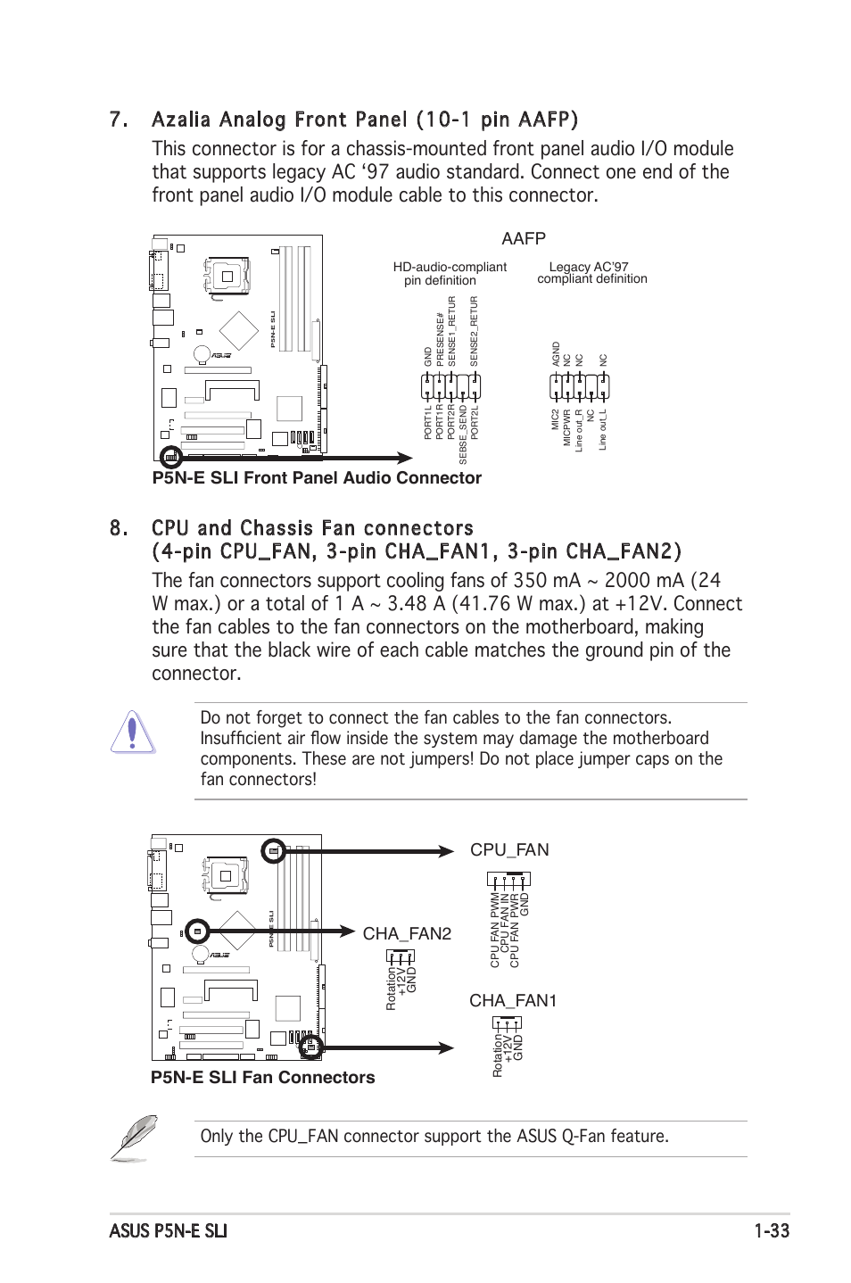Asus p5n-e sli 1-33, Aafp, P5n-e sli front panel audio connector | P5n-e sli fan connectors cpu_fan, Cha_fan1, Cha_fan2 | Asus P5N-E SLI User Manual | Page 47 / 122
