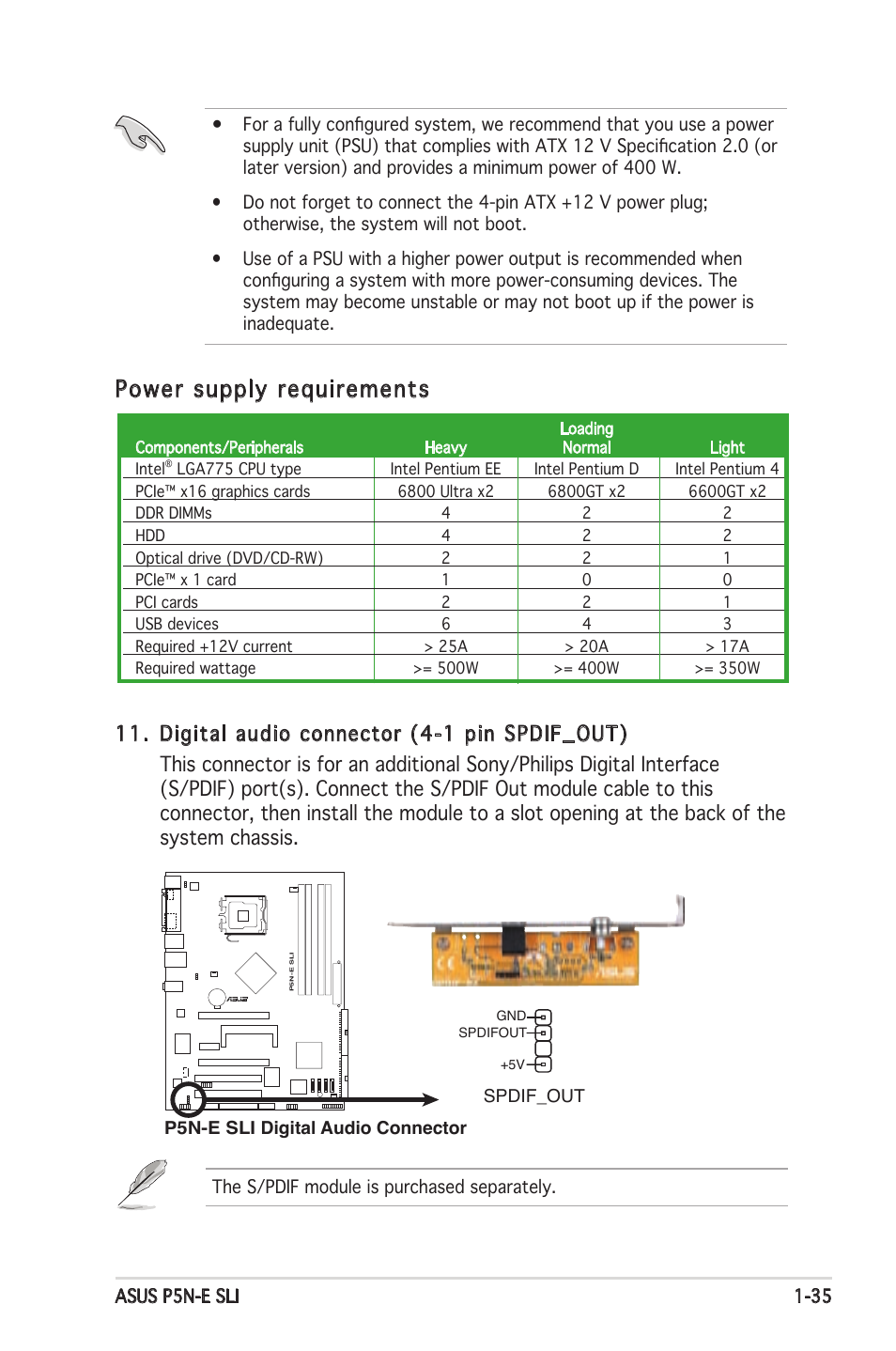 Power supply requirements | Asus P5N-E SLI User Manual | Page 49 / 122