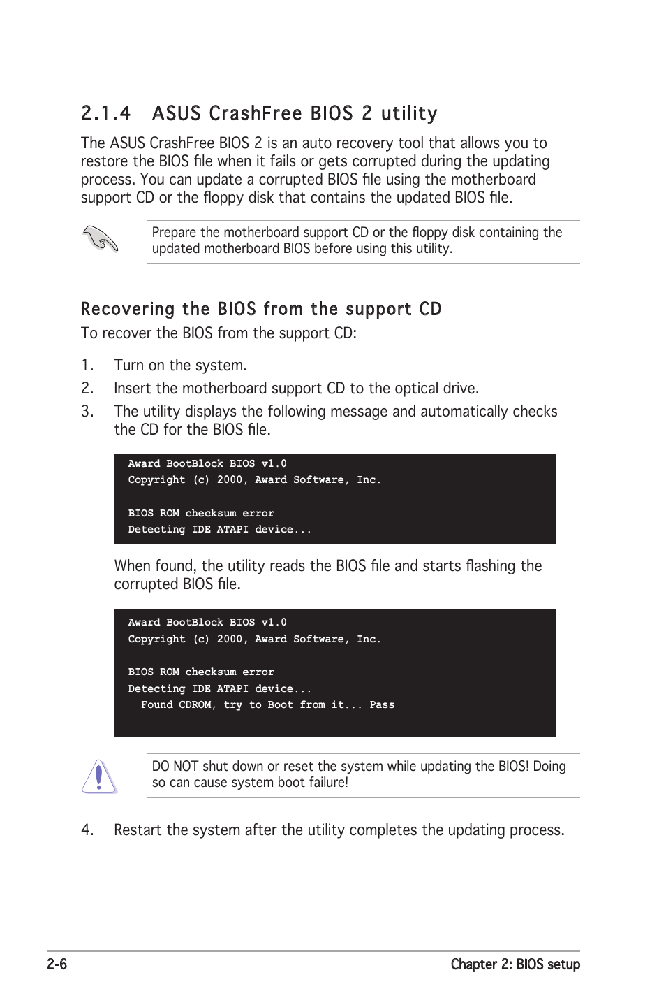 4 asus crashfree bios 2 utility, Recovering the bios from the support cd | Asus P5N-E SLI User Manual | Page 58 / 122