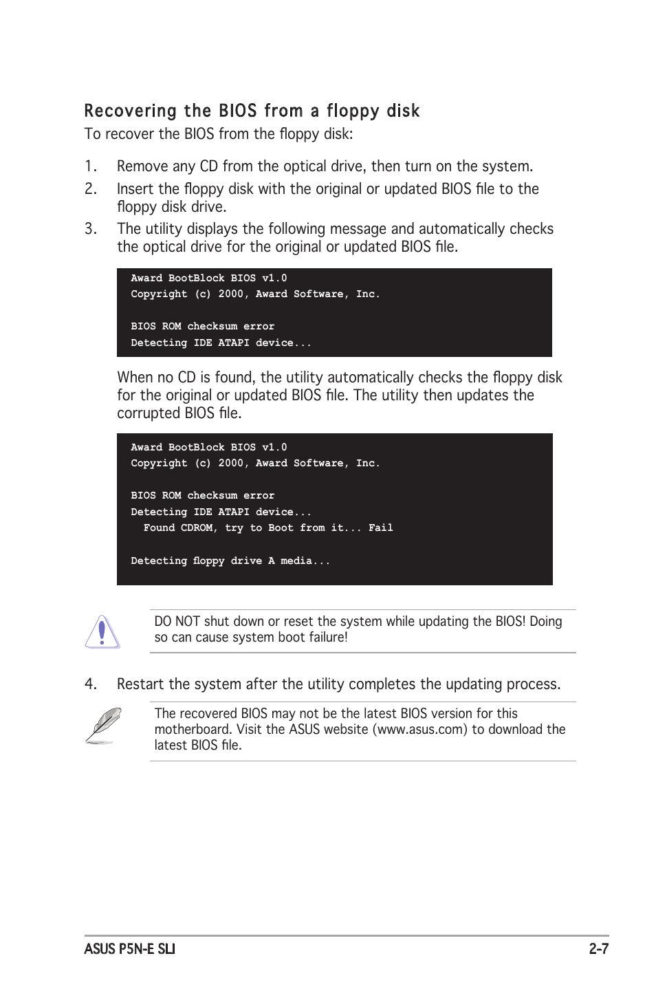 Recovering the bios from a floppy disk | Asus P5N-E SLI User Manual | Page 59 / 122