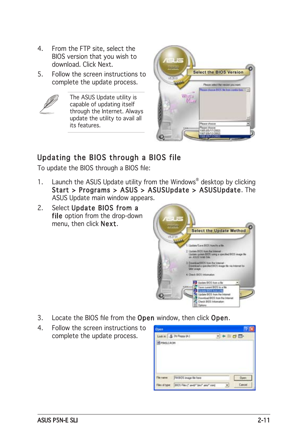 Updating the bios through a bios file | Asus P5N-E SLI User Manual | Page 63 / 122