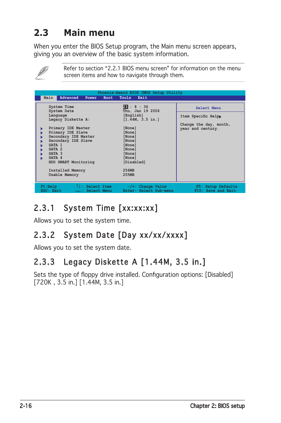 3 main menu, 1 system time [xx:xx:xx, Allows you to set the system time | Allows you to set the system date | Asus P5N-E SLI User Manual | Page 68 / 122