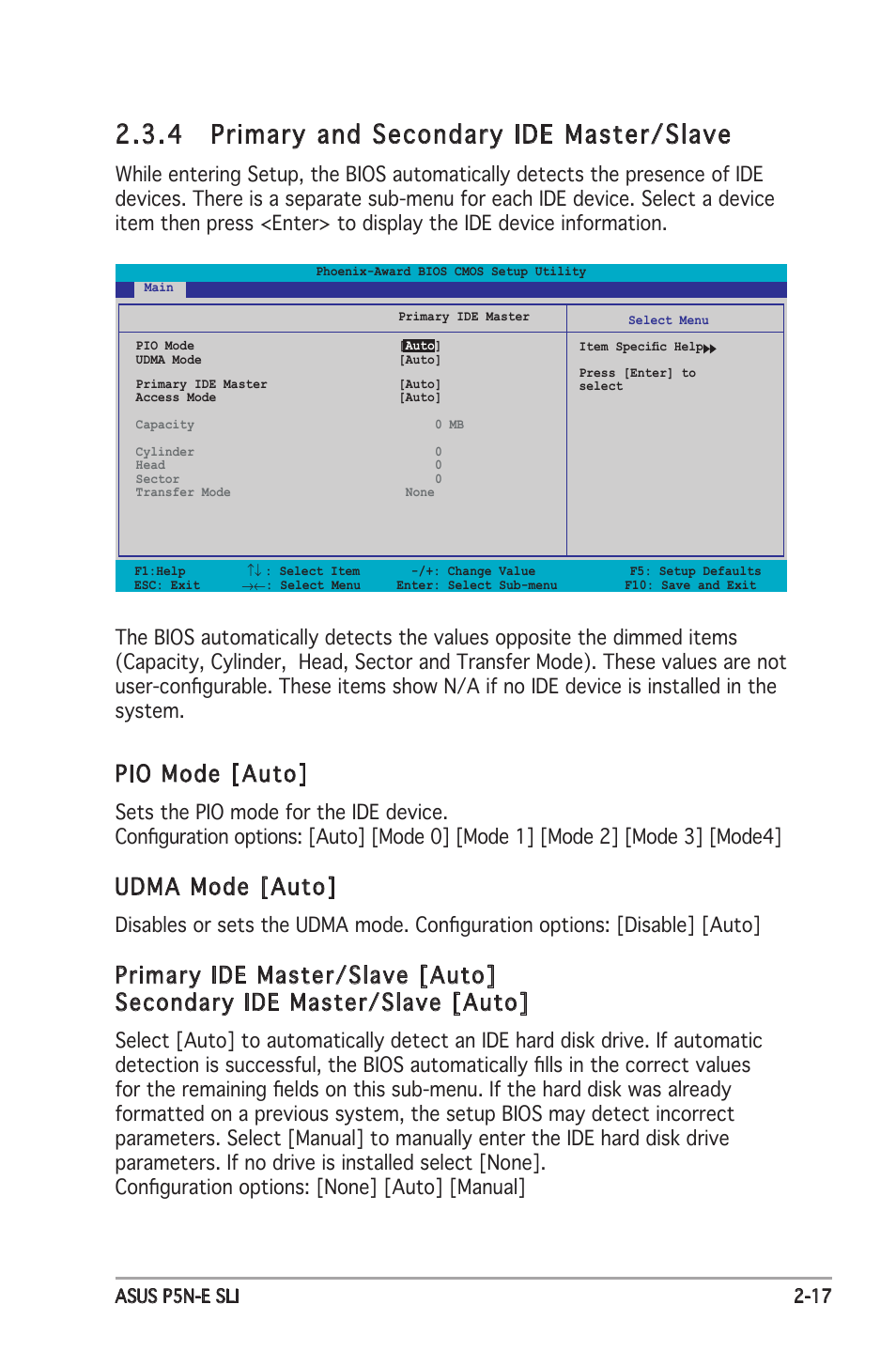 4 primary and secondary ide master/slave, Pio mode [auto, Udma mode [auto | Asus P5N-E SLI User Manual | Page 69 / 122