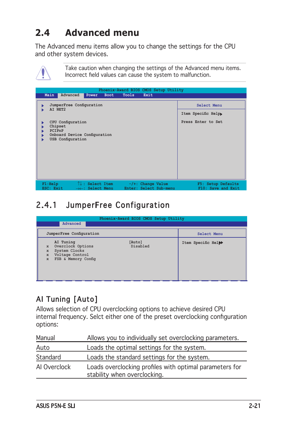 4 advanced menu, 1 jumperfree configuration, Ai tuning [auto | Asus P5N-E SLI User Manual | Page 73 / 122