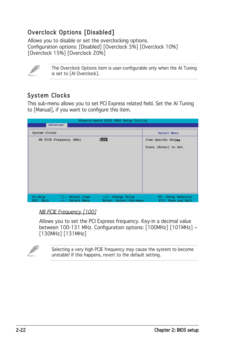 System clocks, Overclock options [disabled | Asus P5N-E SLI User Manual | Page 74 / 122