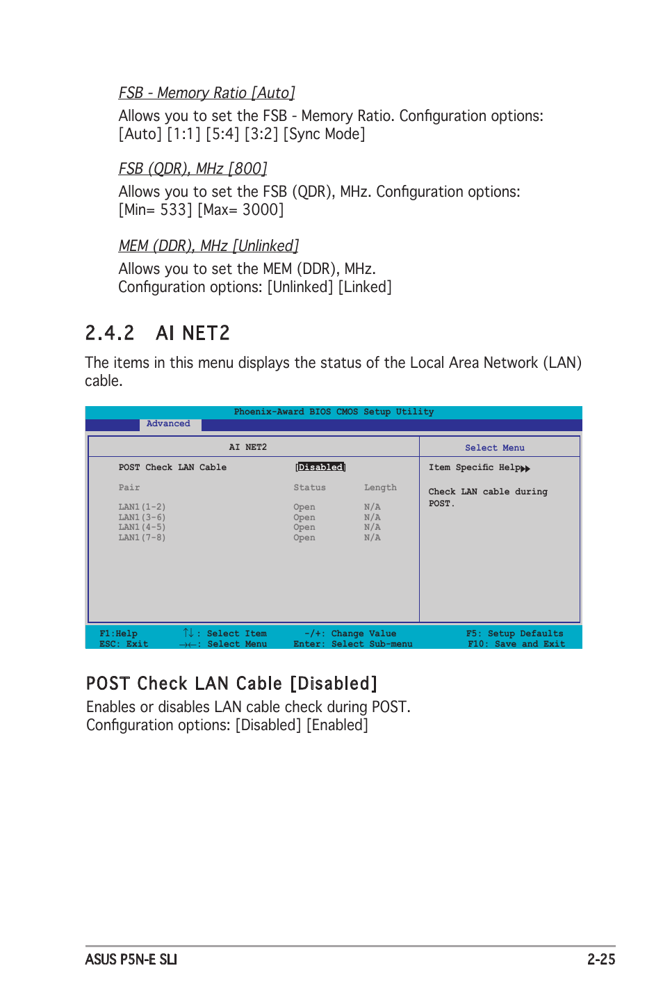 2 ai net2, Post check lan cable [disabled | Asus P5N-E SLI User Manual | Page 77 / 122