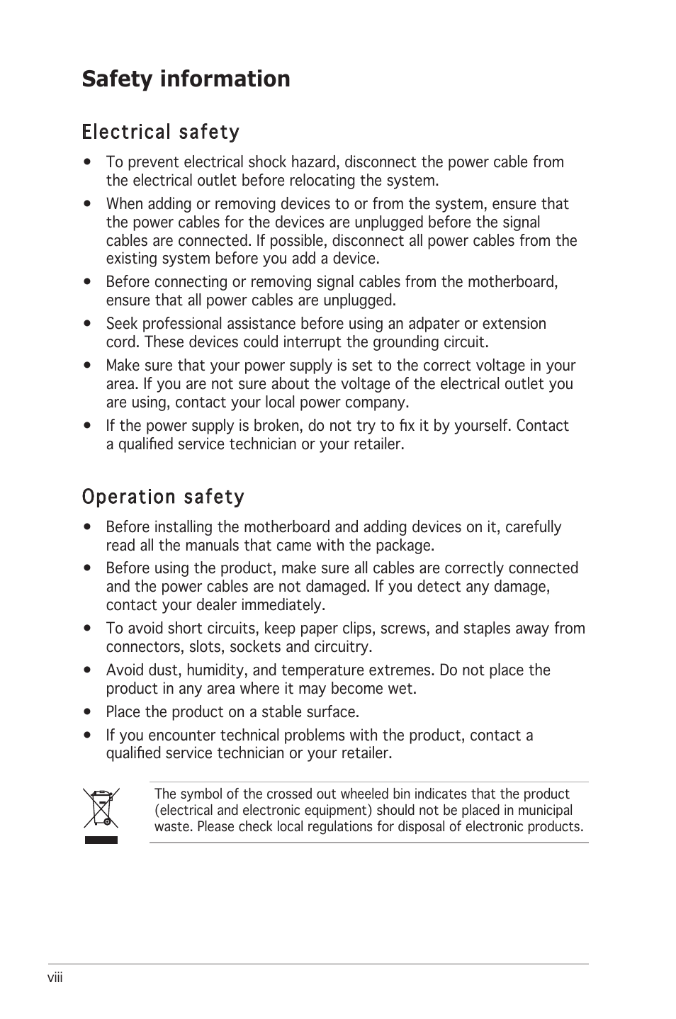 Safety information, Electrical safety, Operation safety | Asus P5N-E SLI User Manual | Page 8 / 122