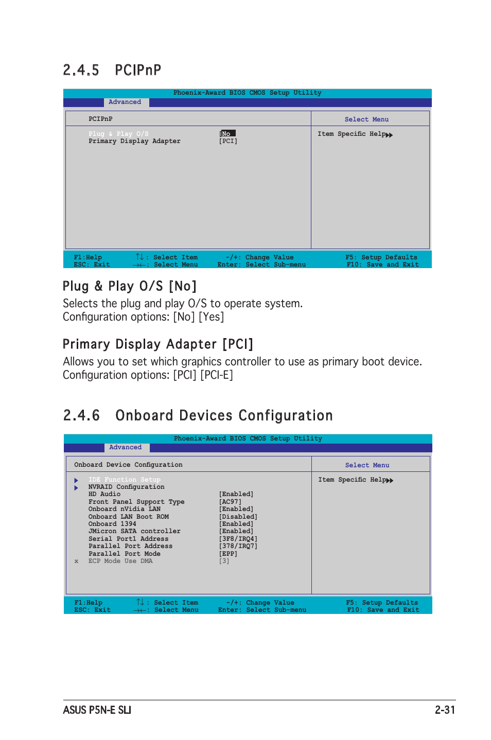 5 pcipnp, 6 onboard devices configuration, Plug & play o/s [no | Primary display adapter [pci, Asus p5n-e sli 2-31 | Asus P5N-E SLI User Manual | Page 83 / 122