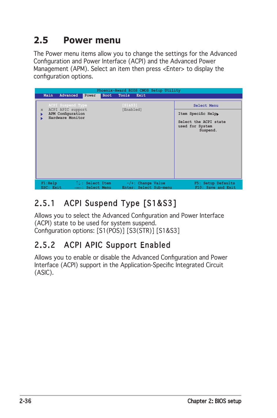 5 power menu, 1 acpi suspend type [s1&s3, 2 acpi apic support enabled | Asus P5N-E SLI User Manual | Page 88 / 122