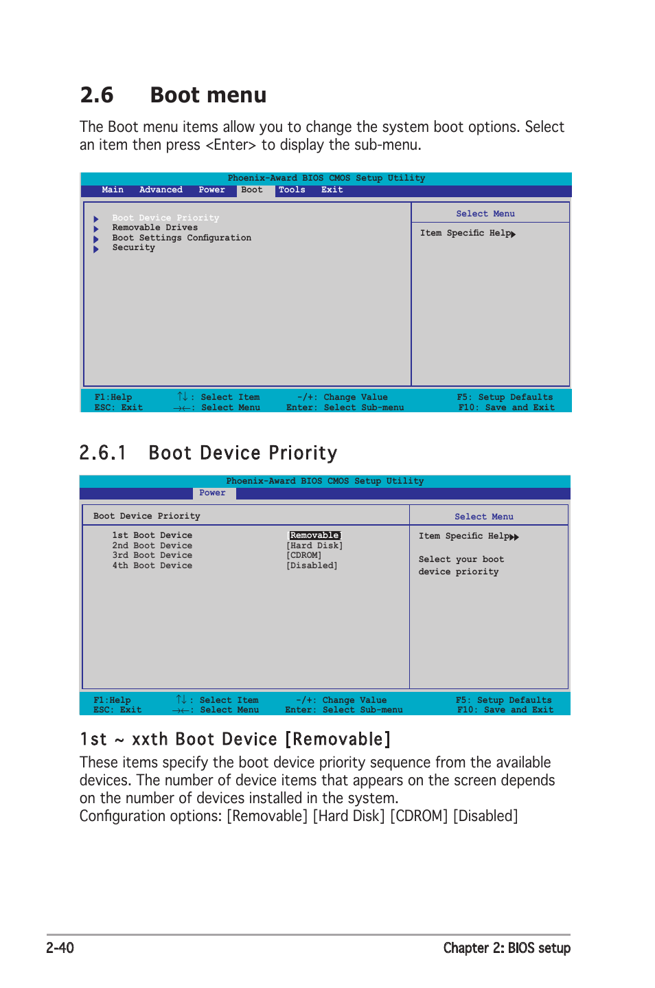 6 boot menu, 1 boot device priority, 1st ~ xxth boot device [removable | Asus P5N-E SLI User Manual | Page 92 / 122