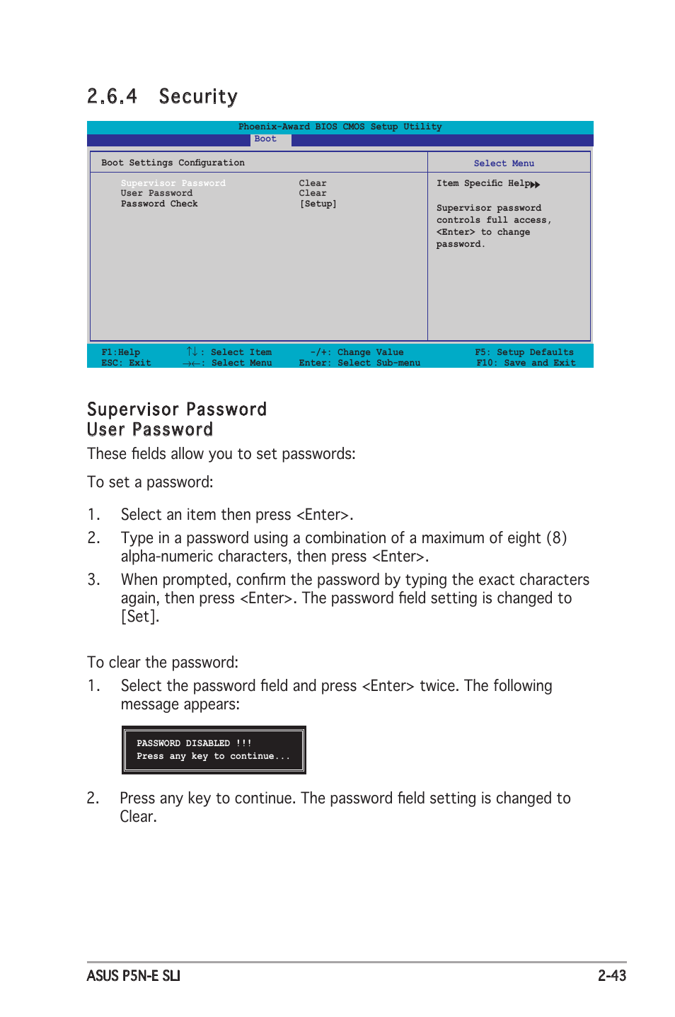 4 security, Supervisor password user password | Asus P5N-E SLI User Manual | Page 95 / 122