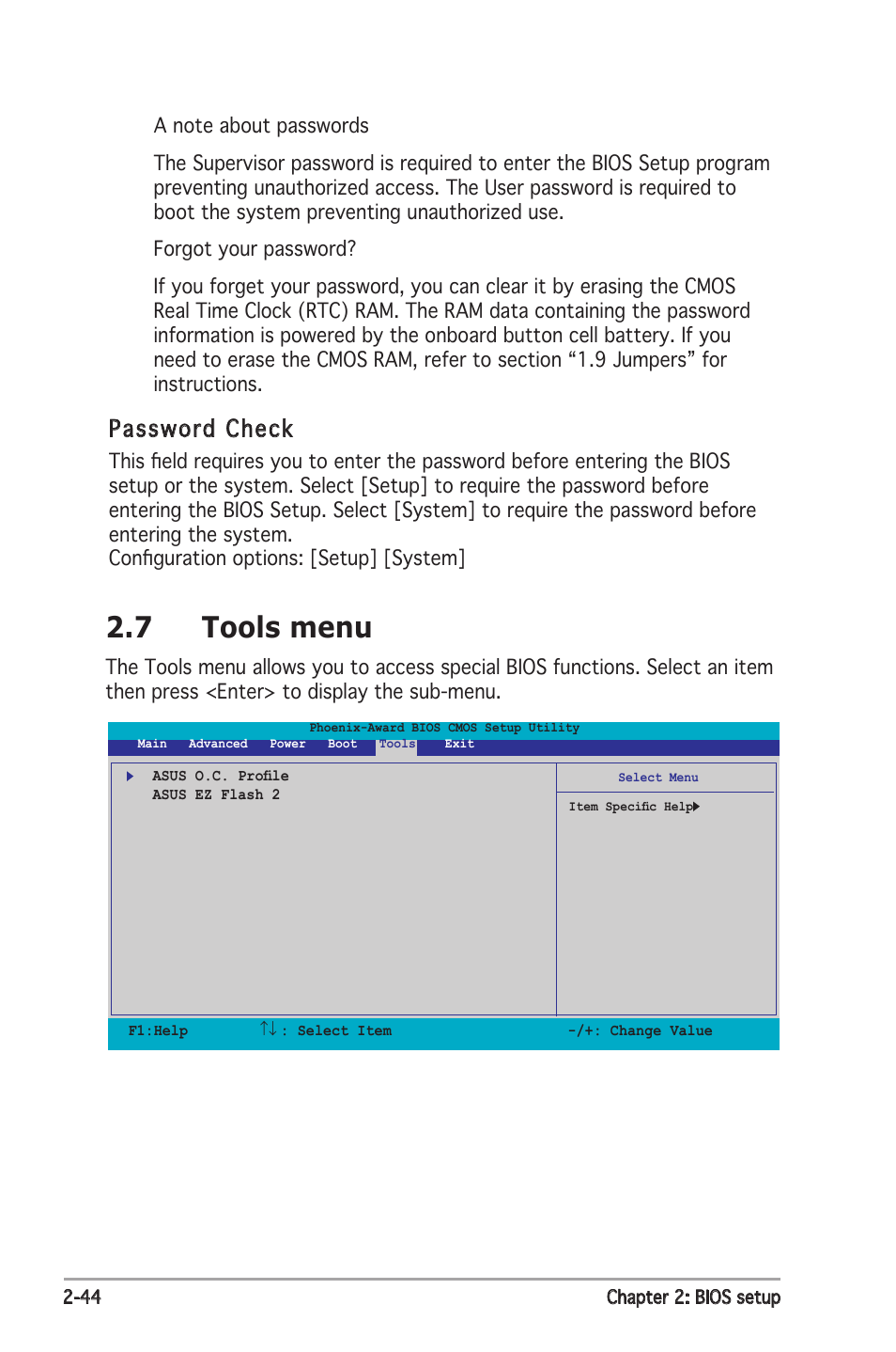 7 tools menu, Password check | Asus P5N-E SLI User Manual | Page 96 / 122