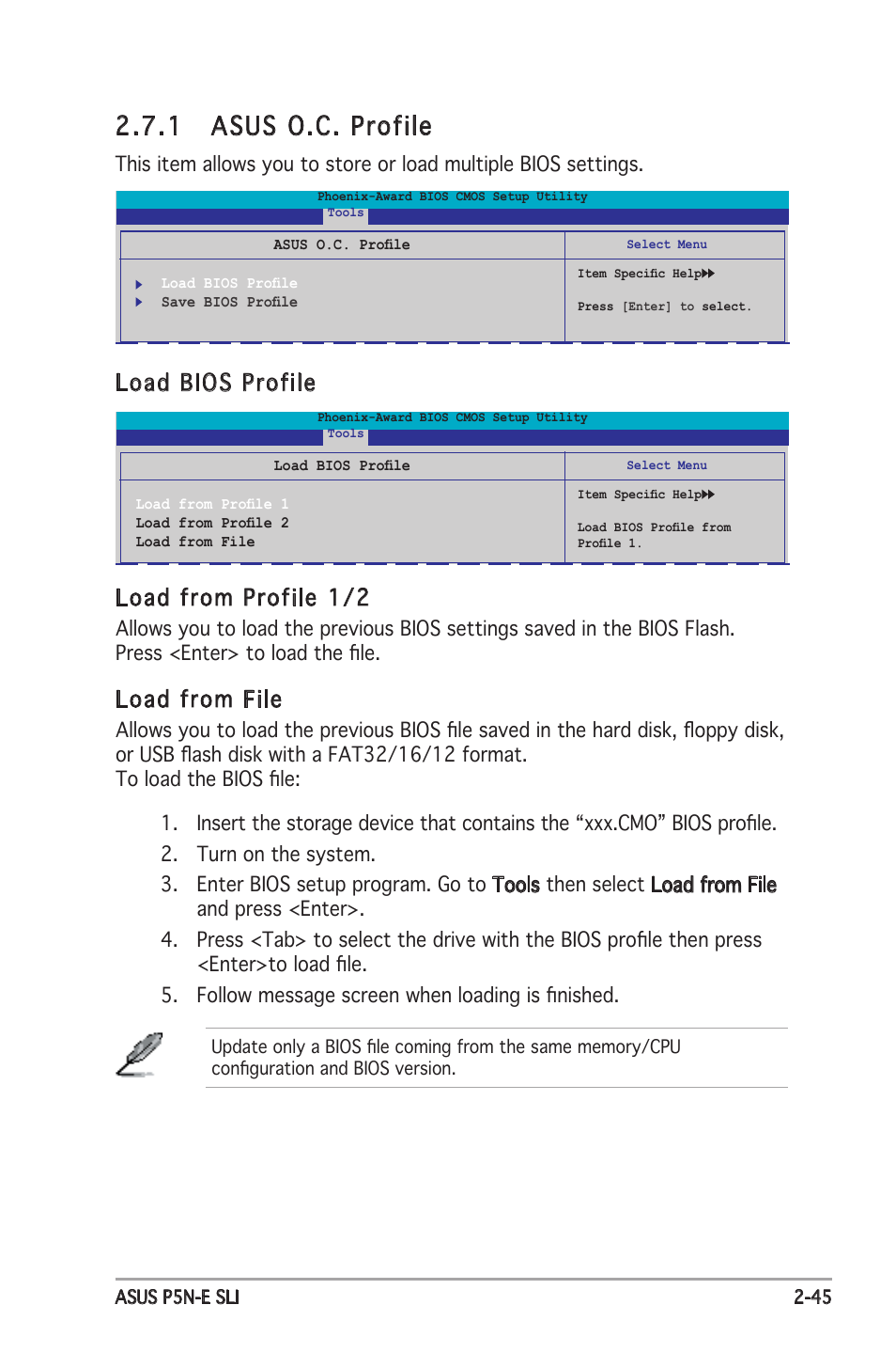 1 asus o.c. profile, Load bios profile load from profile 1/2, Load from file | Asus P5N-E SLI User Manual | Page 97 / 122