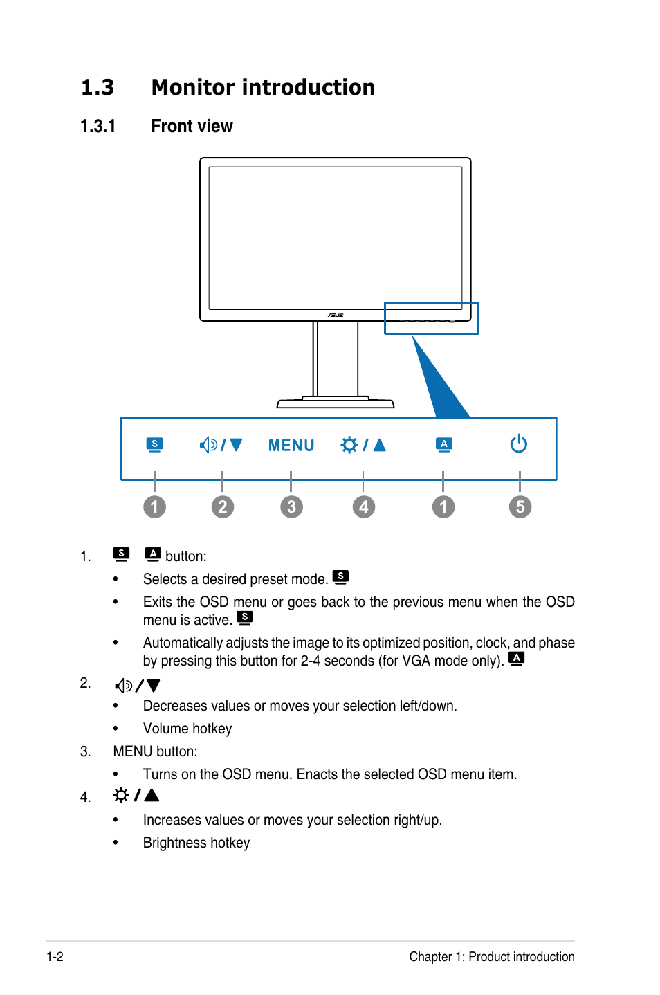 3 monitor introduction, 1 front view, Monitor introduction -2 1.3.1 | Front view -2 | Asus VE228TLB User Manual | Page 10 / 23