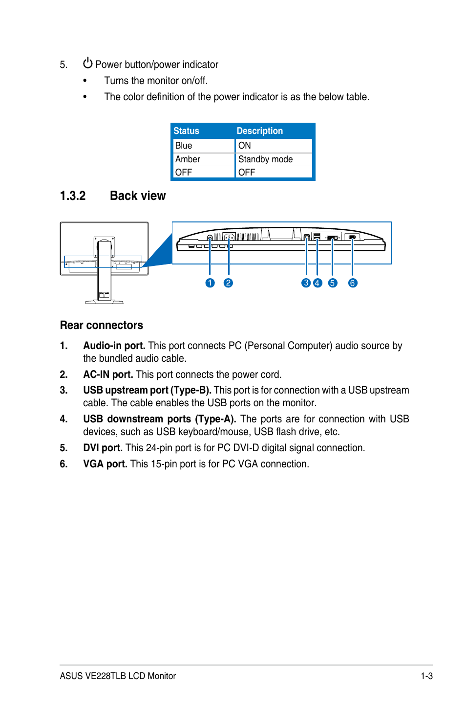 2 back view, Back view -3, Rear connectors | Asus VE228TLB User Manual | Page 11 / 23