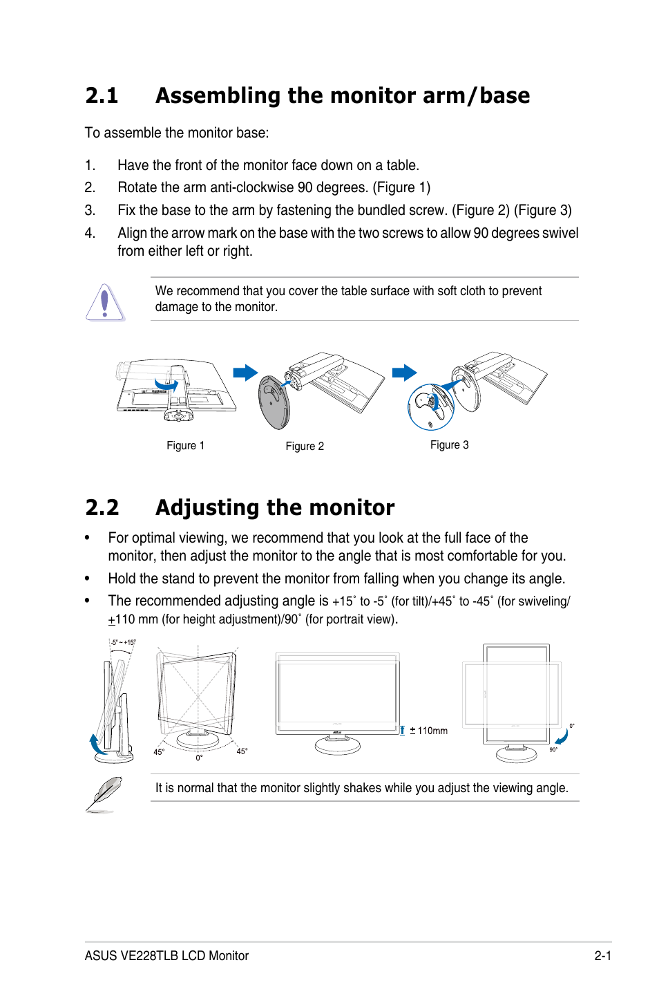 Chapter 2: setup, 1 assembling the monitor arm/base, 2 adjusting the monitor | Assembling the monitor arm/base -1, Adjusting the monitor -1 | Asus VE228TLB User Manual | Page 13 / 23