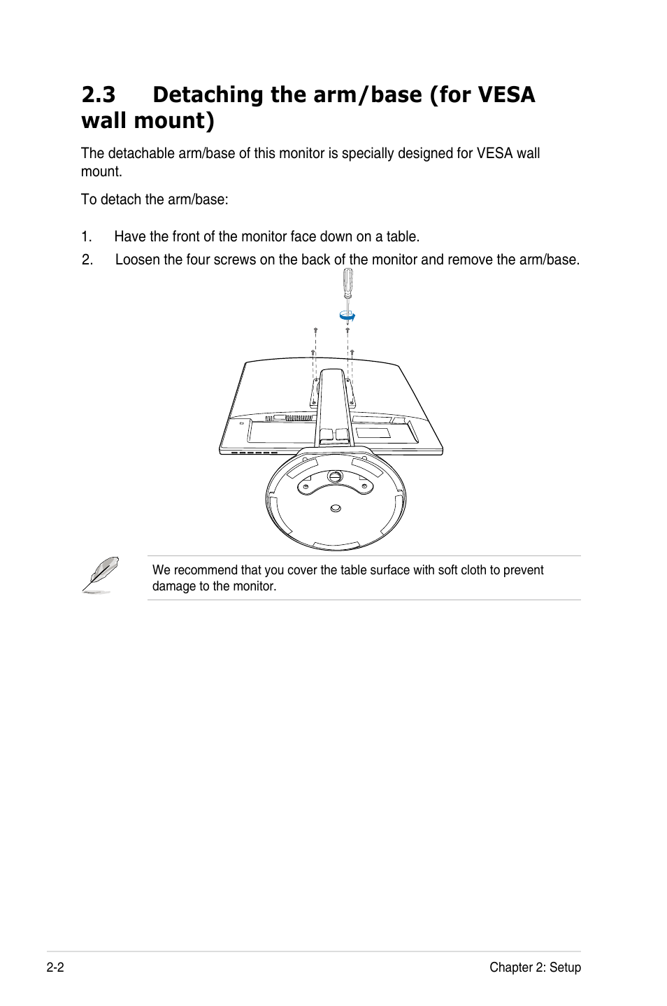 3 detaching the arm/base (for vesa wall mount), Detaching the arm/base (for vesa wall mount) -2 | Asus VE228TLB User Manual | Page 14 / 23