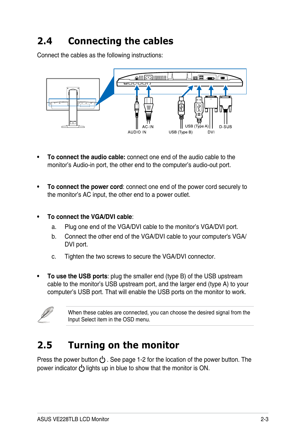 4 connecting the cables, 5 turning on the monitor, Connecting the cables -3 | Turning on the monitor -3 | Asus VE228TLB User Manual | Page 15 / 23