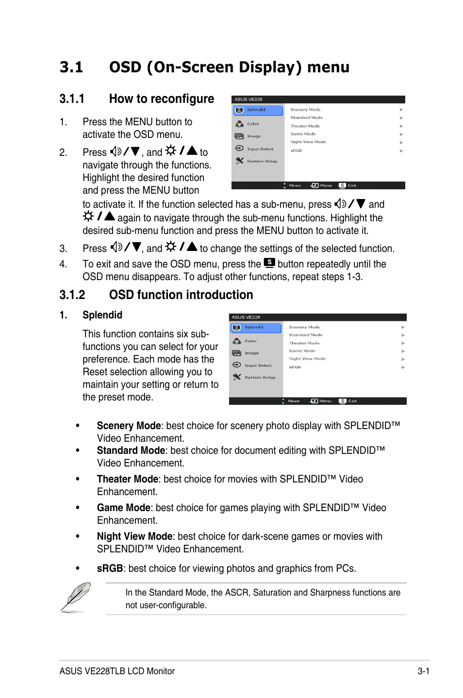 Chapter 3: general instructions, 1 osd (on-screen display) menu, 1 how to reconfigure | 2 osd function introduction, Osd (on-screen display) menu -1 3.1.1, How to reconfigure -1, Osd function introduction -1 | Asus VE228TLB User Manual | Page 17 / 23