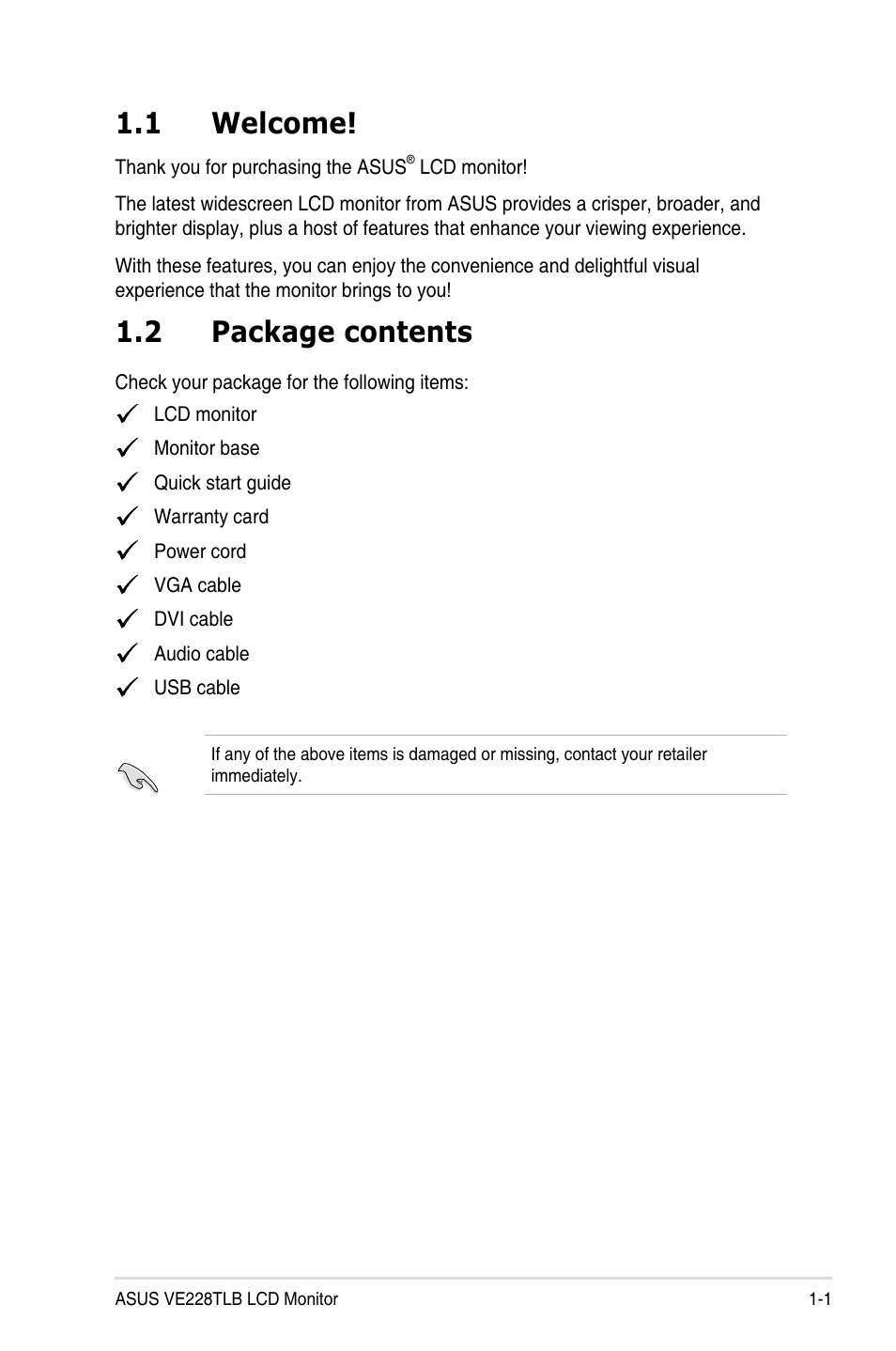 Chapter 1: product introduction, 1 welcome, 2 package contents | Welcome! -1, Package contents -1 | Asus VE228TLB User Manual | Page 9 / 23