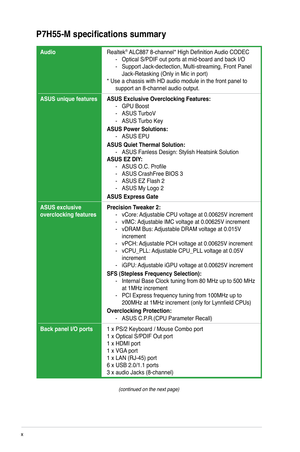 P7h55-m specifications summary | Asus P7H55-M/BR User Manual | Page 10 / 68