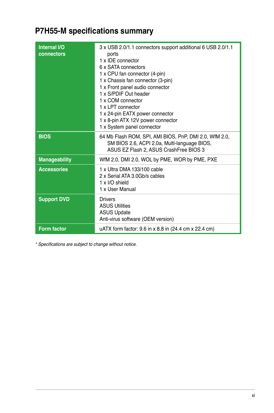 P7h55-m specifications summary | Asus P7H55-M/BR User Manual | Page 11 / 68