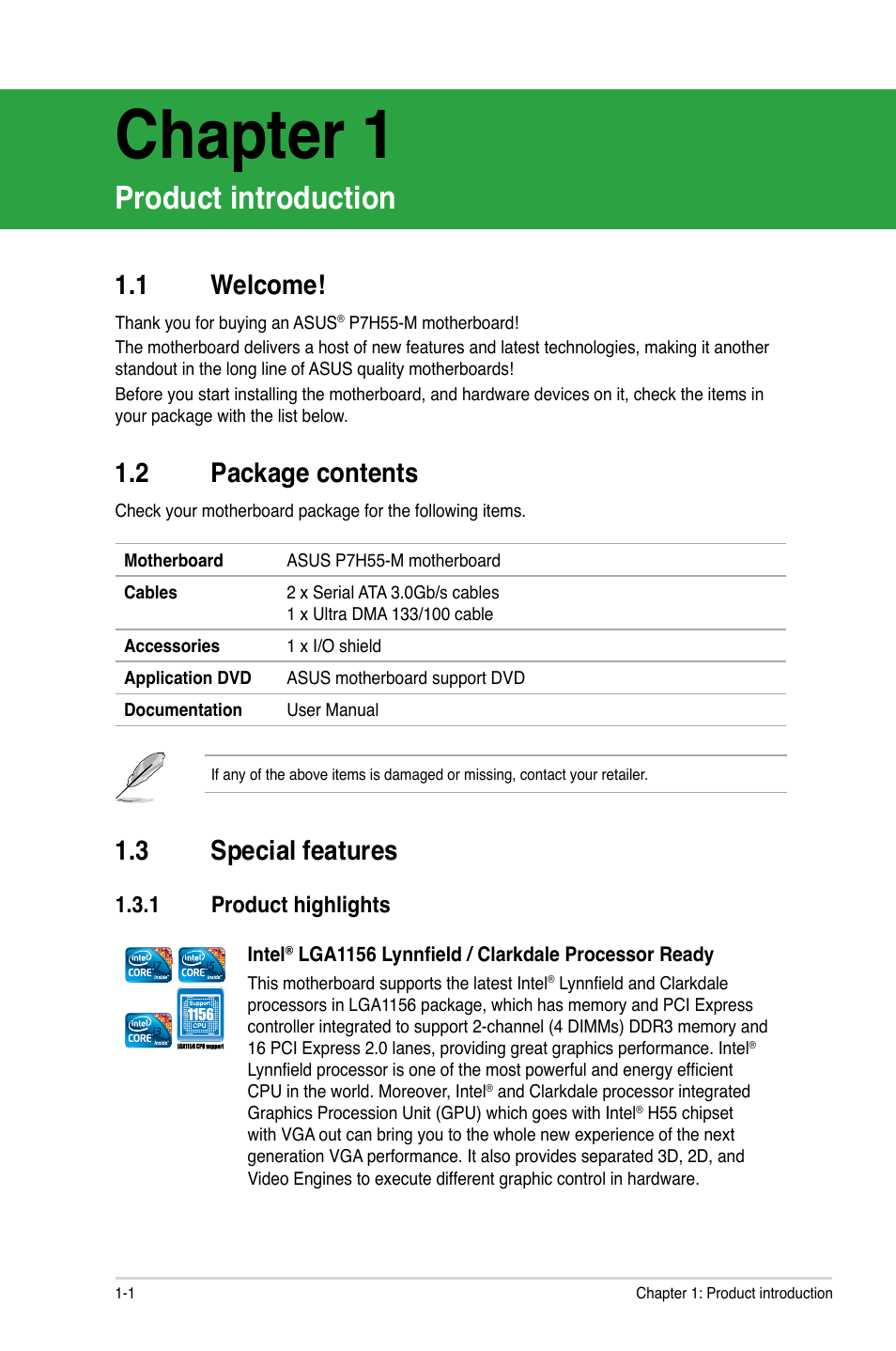 Chapter 1, Product introduction, 1 welcome | 2 package contents, 3 special features, 1 product highlights, Welcome! -1, Package contents -1, Special features -1 1.3.1, Product highlights -1 | Asus P7H55-M/BR User Manual | Page 13 / 68