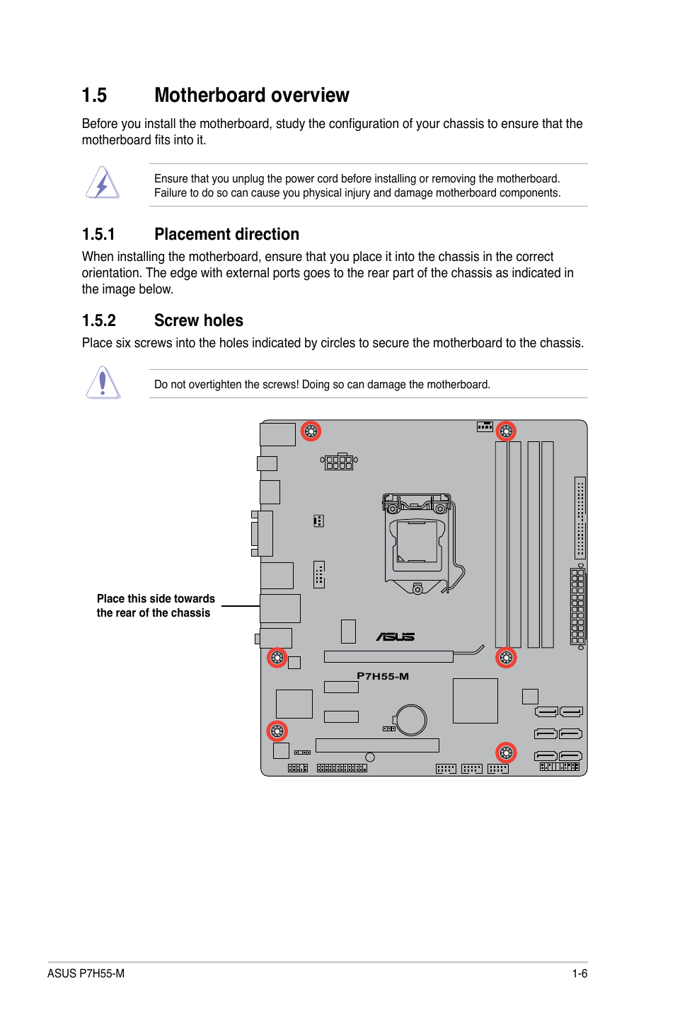 5 motherboard overview, 1 placement direction, 2 screw holes | Motherboard overview -6 1.5.1, Placement direction -6, Screw holes -6 | Asus P7H55-M/BR User Manual | Page 18 / 68