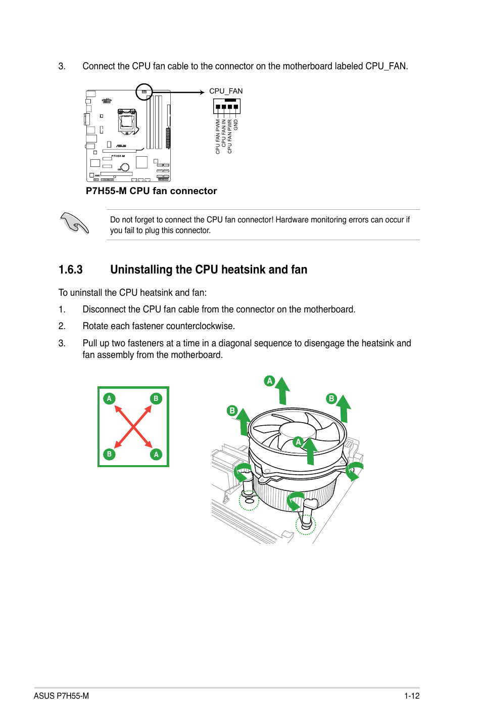 3 uninstalling the cpu heatsink and fan, Uninstalling the cpu heatsink and fan -12, P7h55-m cpu fan connector | Asus P7H55-M/BR User Manual | Page 24 / 68