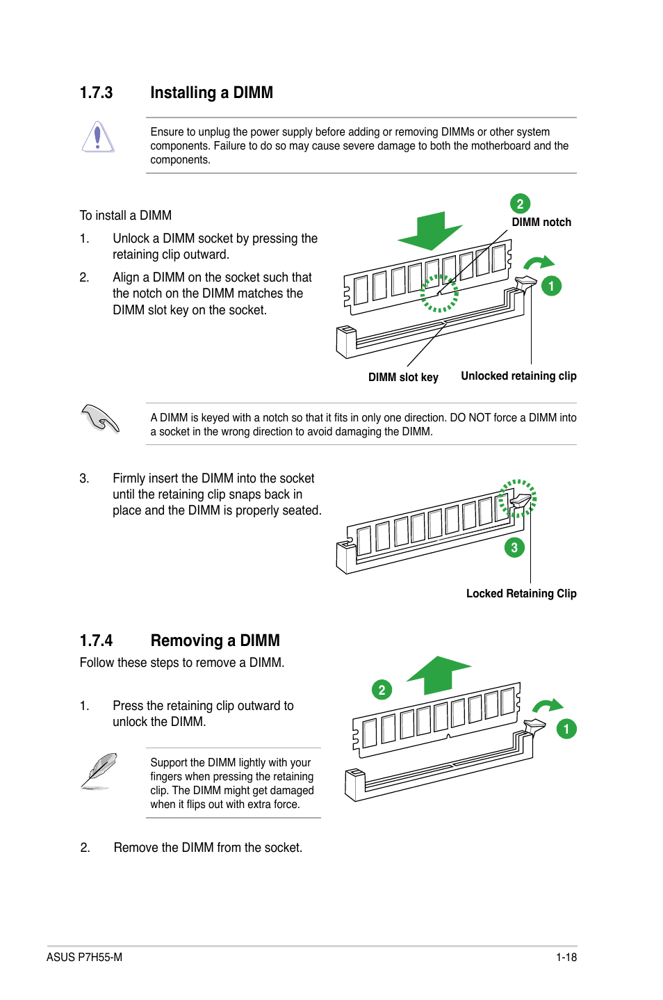 3 installing a dimm, 4 removing a dimm, Installing a dimm -18 | Removing a dimm -18 | Asus P7H55-M/BR User Manual | Page 30 / 68