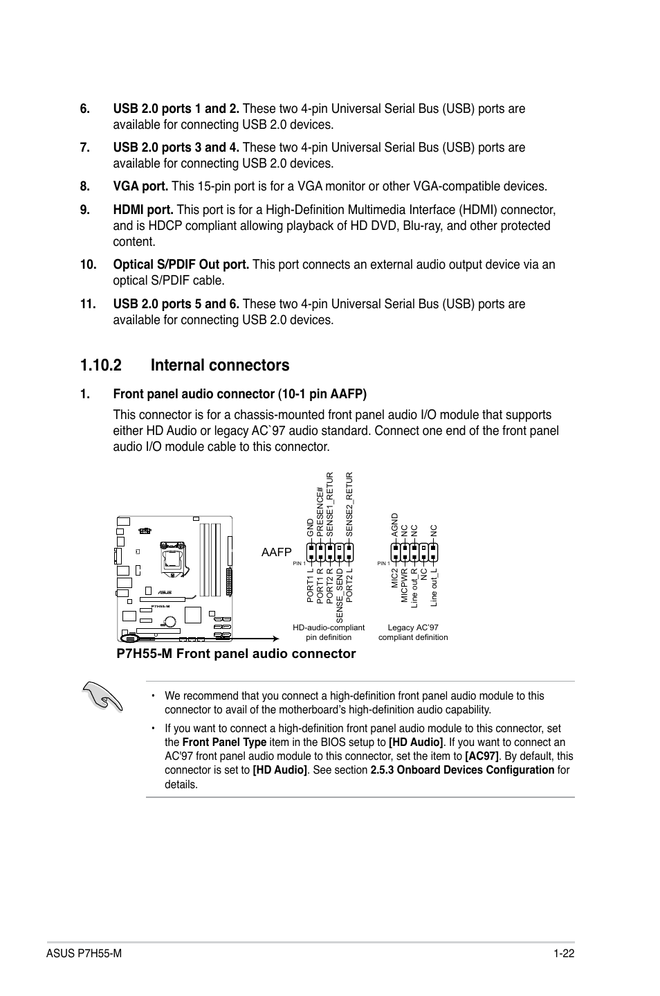 2 internal connectors, 2 internal connectors -22, P7h55-m front panel audio connector | Asus P7H55-M/BR User Manual | Page 34 / 68