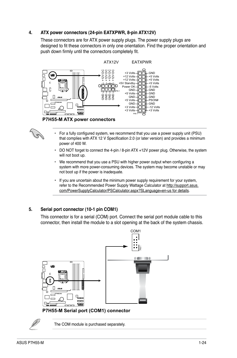 P7h55-m atx power connectors, P7h55-m serial port (com1) connector | Asus P7H55-M/BR User Manual | Page 36 / 68